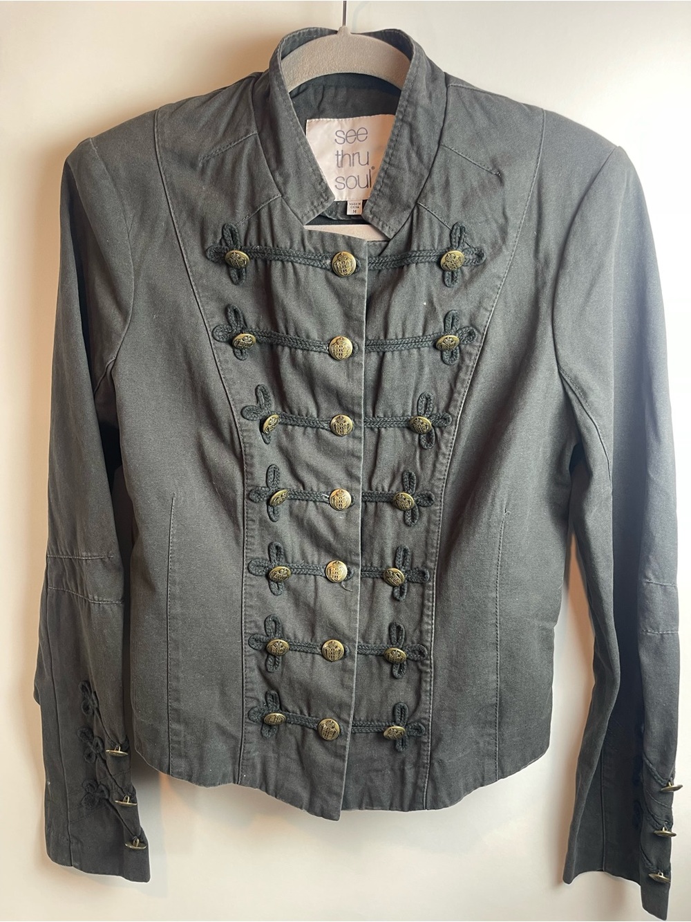 See Thru Soul Olive Military-Style Braided Trim Jacket